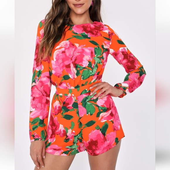 Lulu's Romper Sweetest Song Orange Floral Print Backless Long Sleeve NWT - Picture 5 of 16